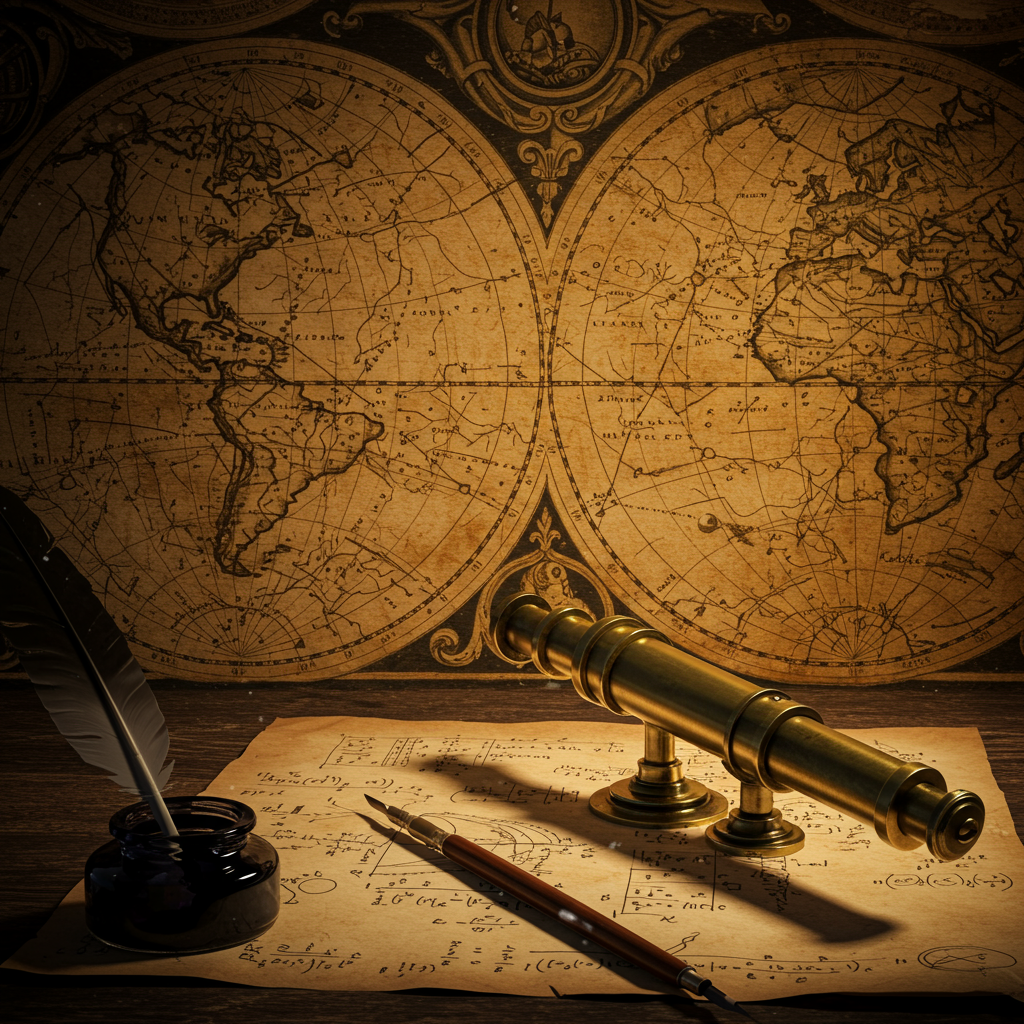 Vintage map, telescope, quill, and equations on a desk.