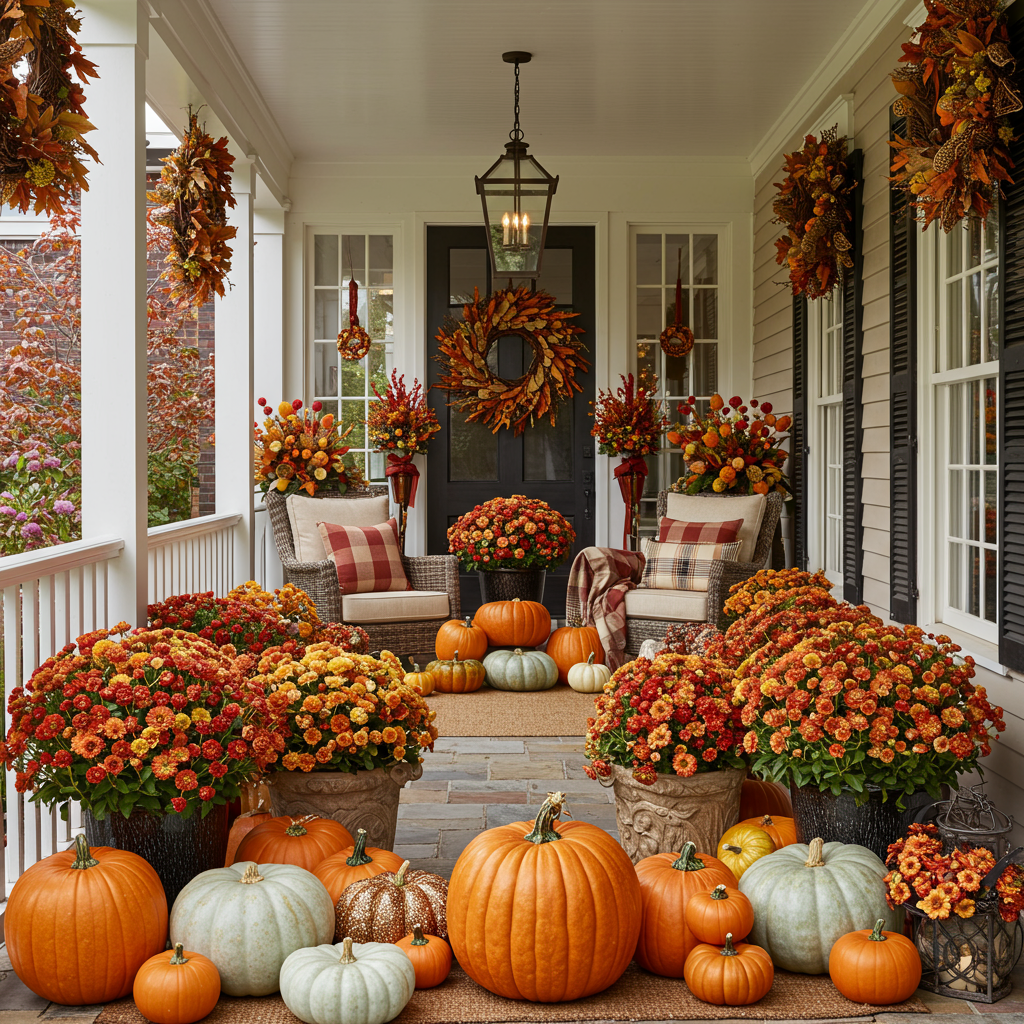 Cozy fall porch overflowing with pumpkins, mums, and autumn wreaths.