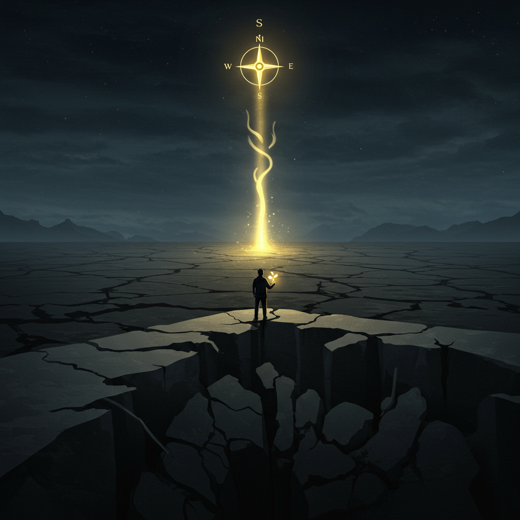 Silhouette on cracked earth, light from compass guides through darkness.