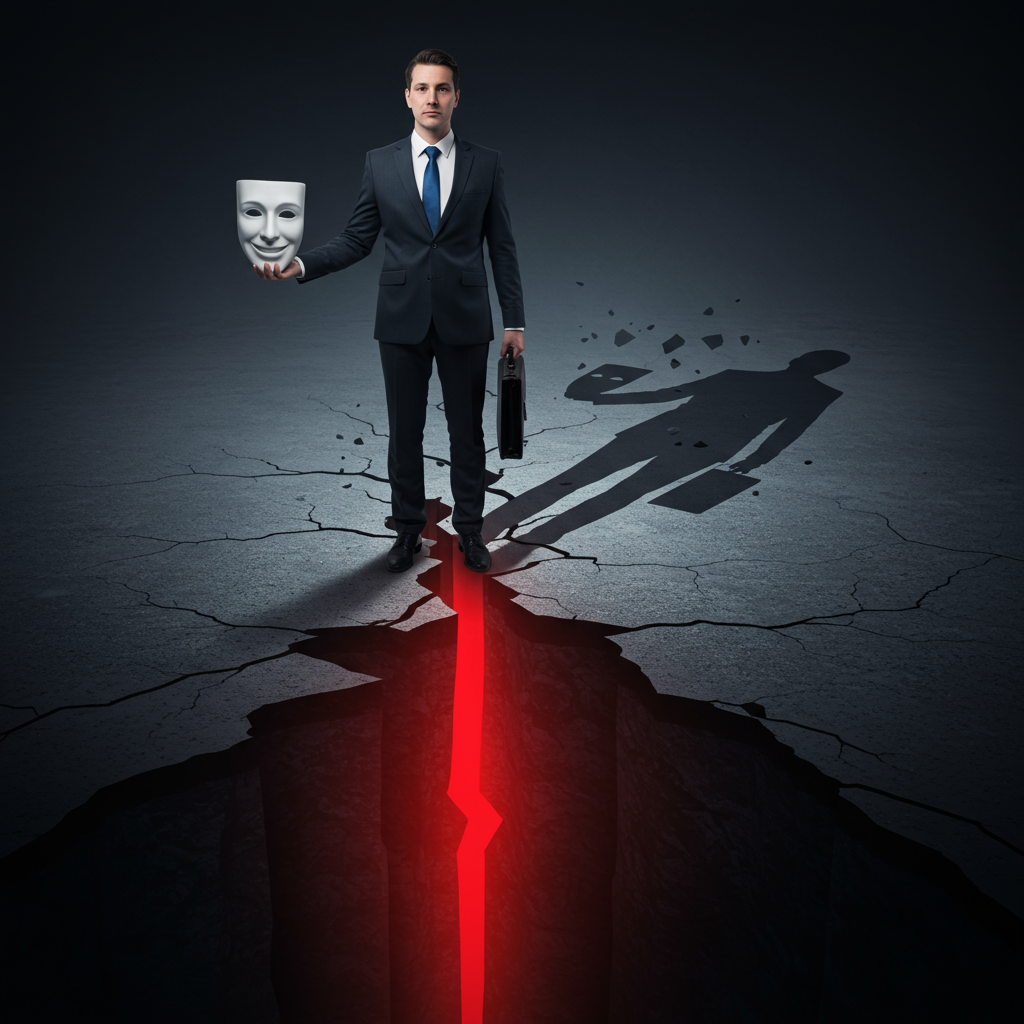 Businessman holding mask, fragmented shadow, stands before glowing red chasm.