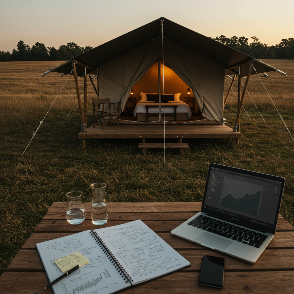 Luxury tent and outdoor workspace in a grassy field.