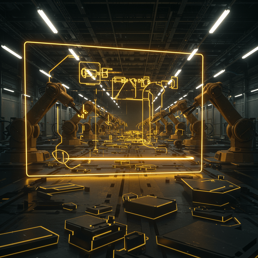 Industrial robotic arms in factory with glowing holographic blueprints and circuits.