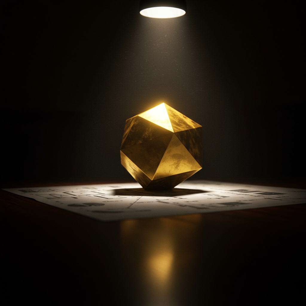 Golden polyhedron under spotlight, reflecting on a schematic in darkness.