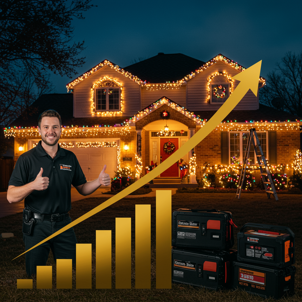 Smiling man, holiday lights, business growth, and power equipment.