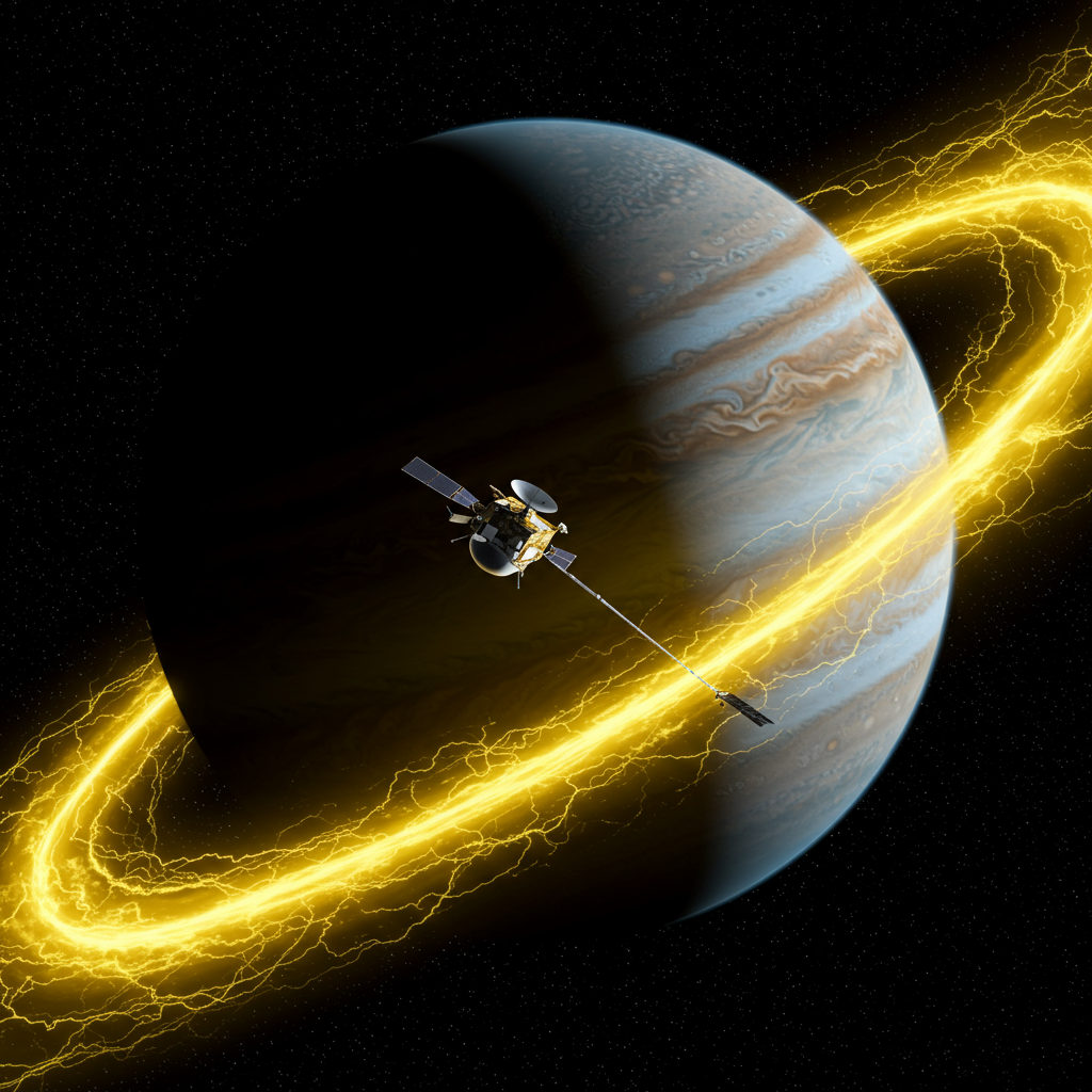 A spacecraft near Jupiter, encircled by a glowing yellow electrical energy ring.