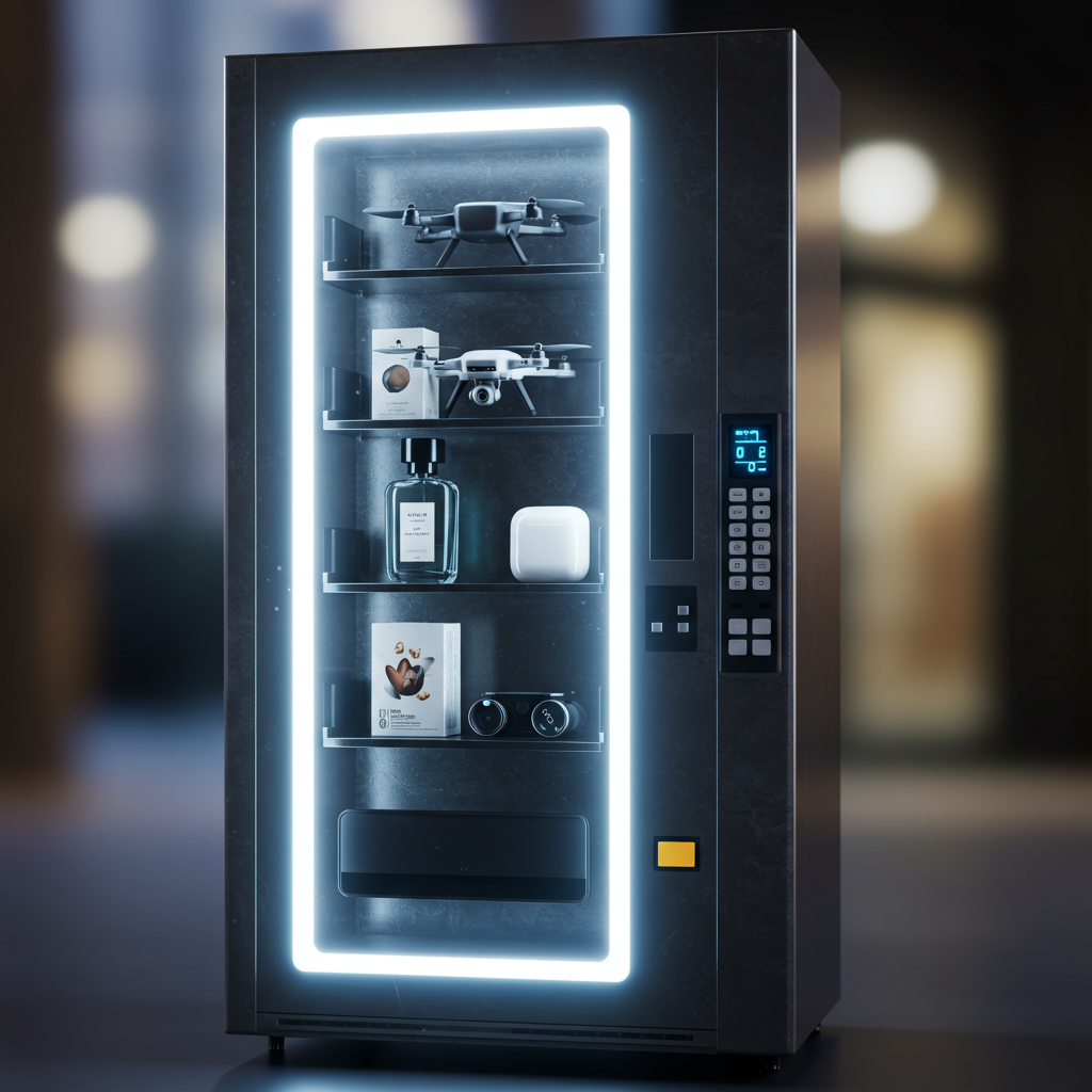 Futuristic black vending machine with glowing items, including drones and perfume.