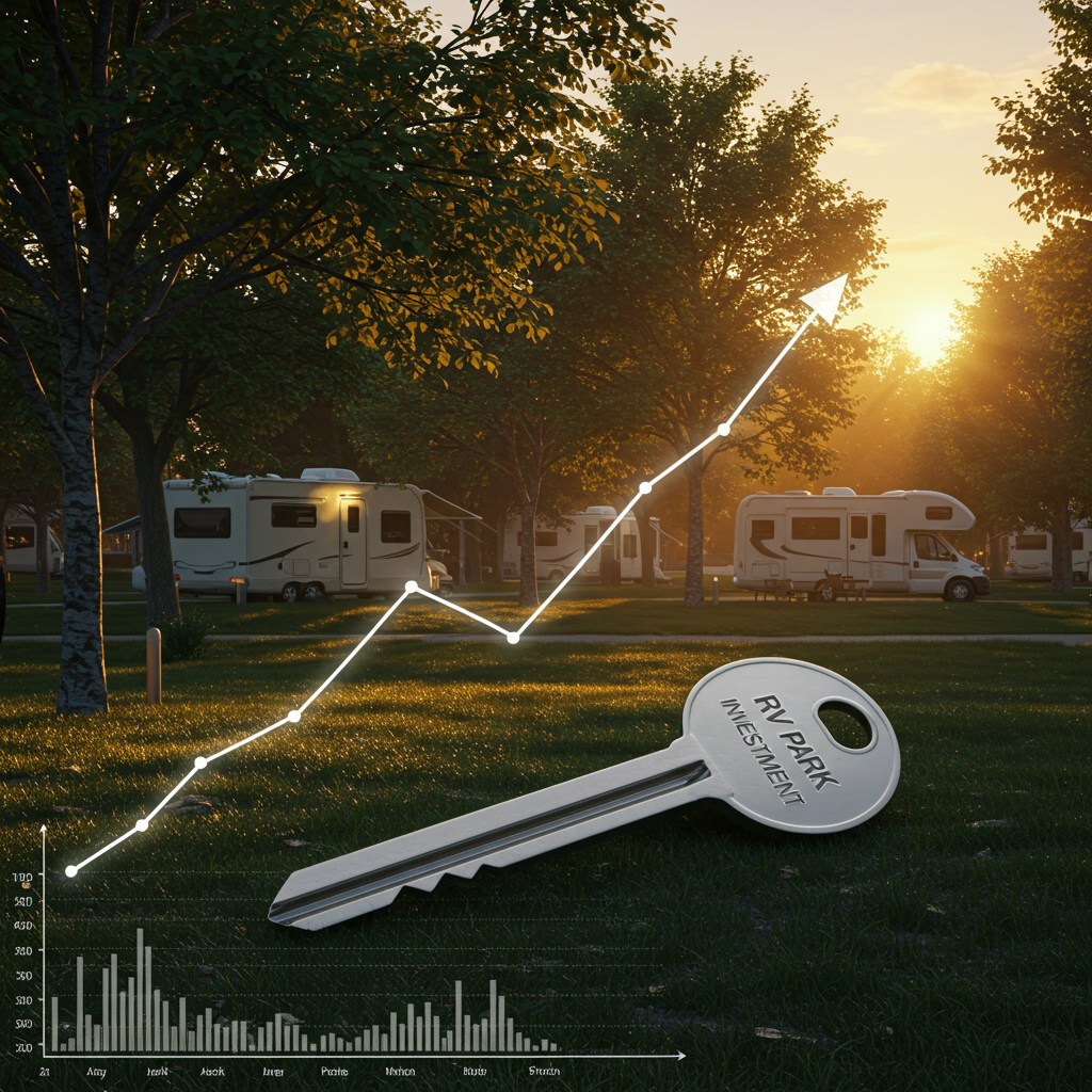 RV park investment key with upward growth graph at sunset.