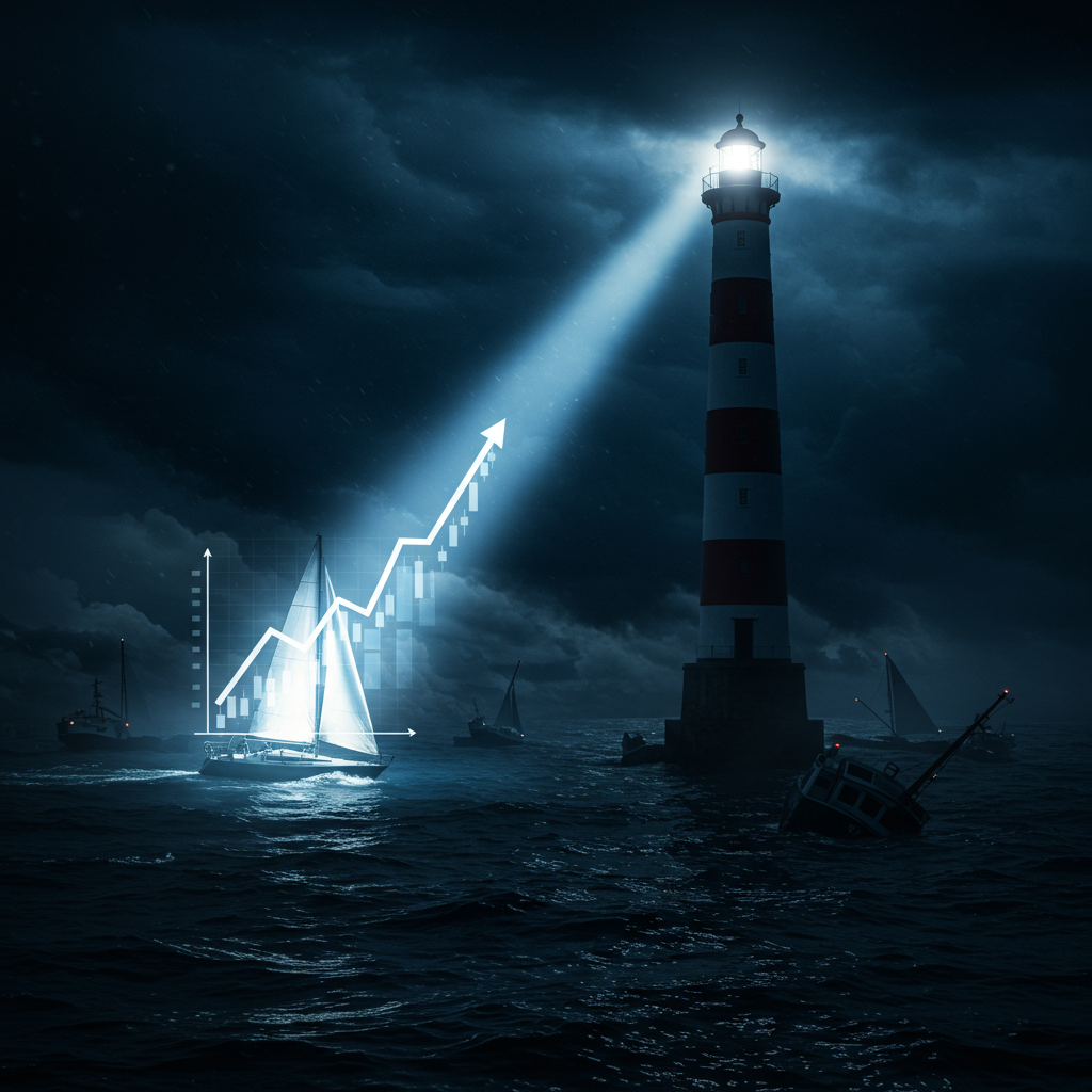 Lighthouse guides sailboat with rising chart; others sink in storm.