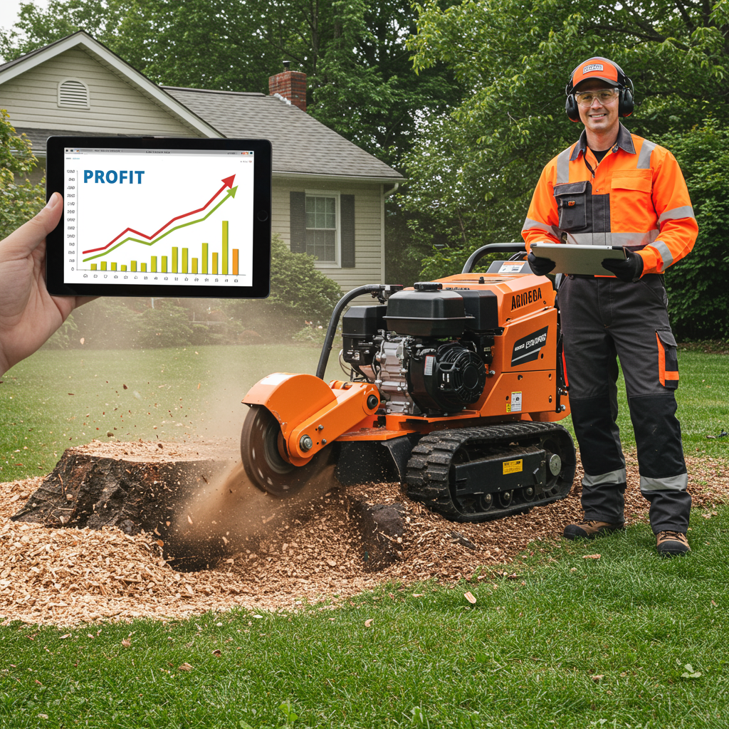Professional grinds tree stump as tablet shows increasing business profit.