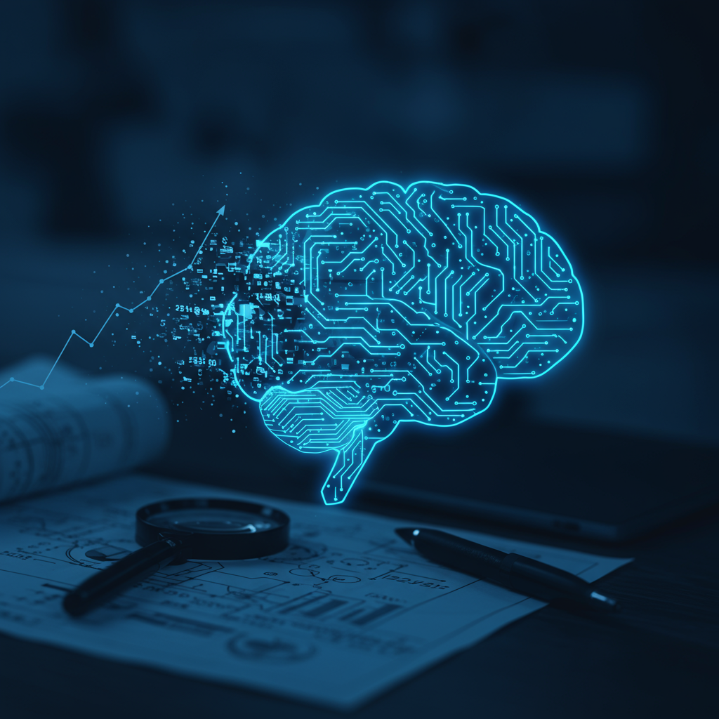 Blue circuit brain glowing, data points, rising graph on desk.