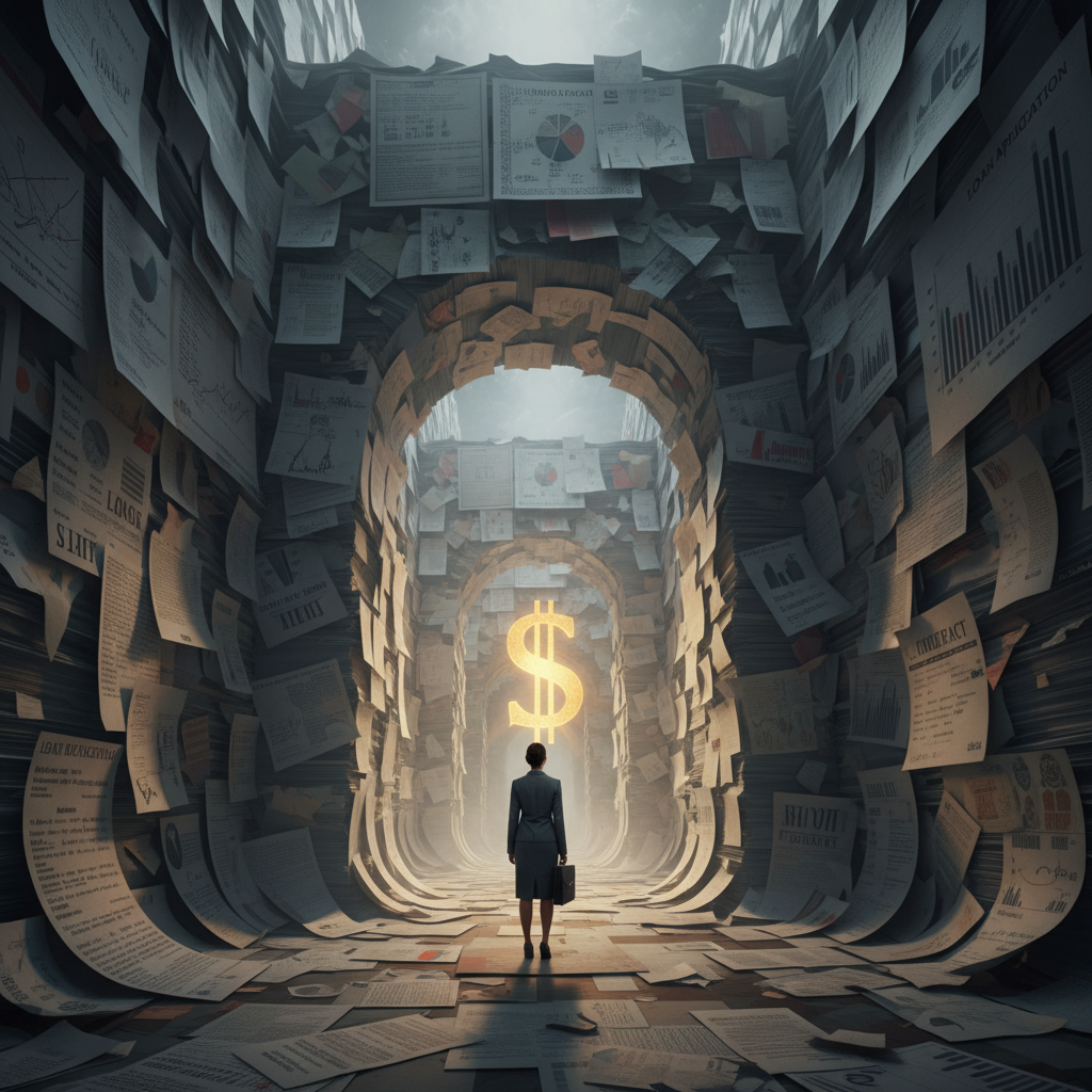 Person in document-filled tunnel looking towards a glowing dollar sign.