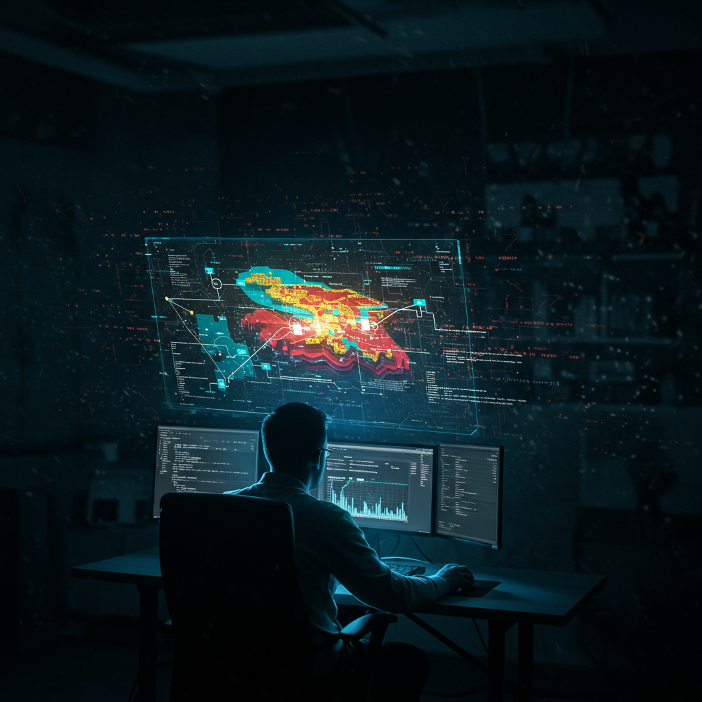 Man views glowing holographic map, data, and code on multiple screens.