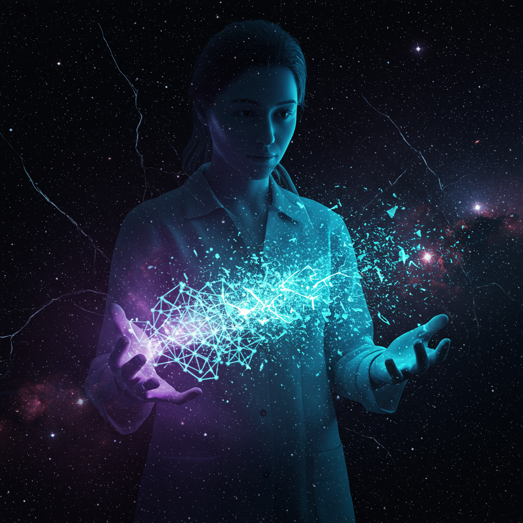 Woman scientist in space manipulates glowing data network between her hands.
