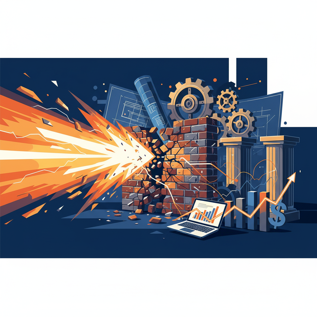 Energy blast breaks brick wall, revealing blueprints, gears, and financial growth.