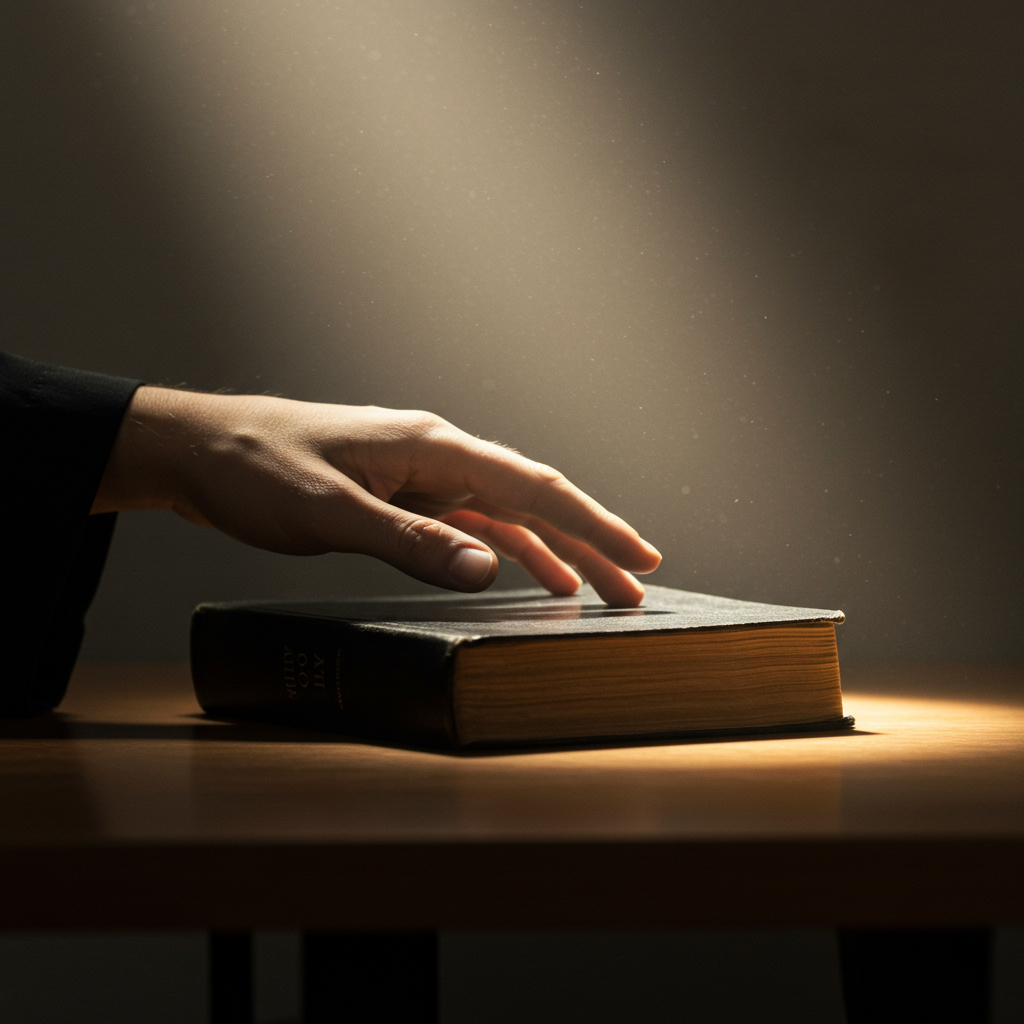 A hand gently rests on a Holy Bible under a dramatic light.